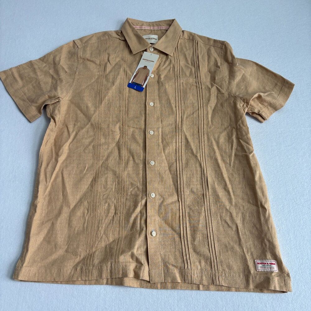 Scotch & Soda Linen Blend Short Sleeve Button Down Men's L Tan Retro Casual NWT